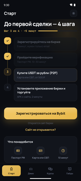 Экран «Старт»: четыре шага до первой сделки